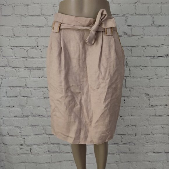 Molinari Belted Pencil Skirt Flax Linen Midi Tan Women's Size 42 US 6 NWT - Picture 6 of 7
